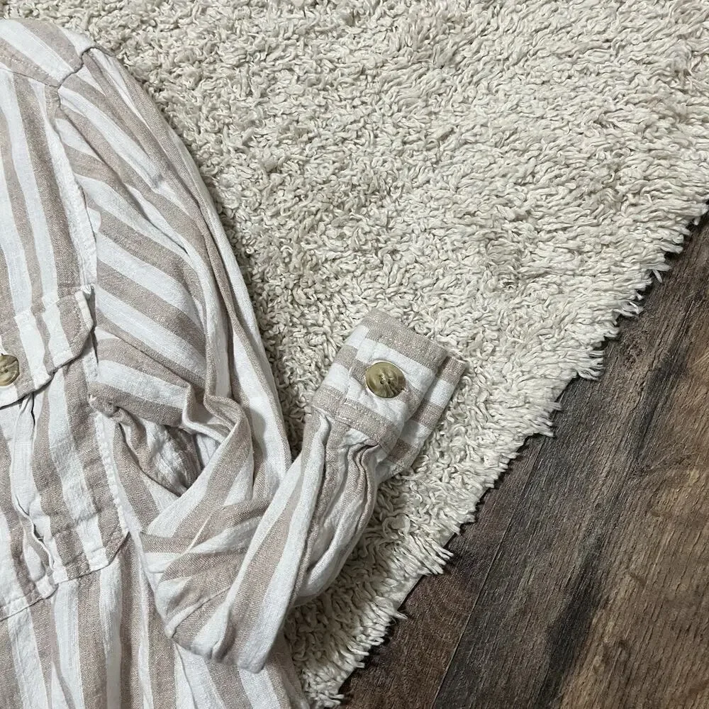 American Eagle Outfitters Beige and White Striped Button-Down Shirt